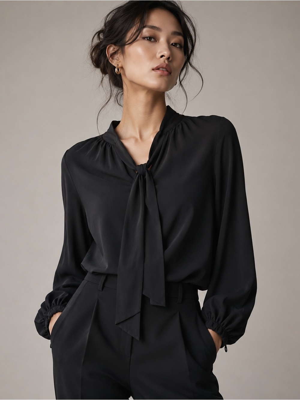 Bellatrix 100% Silk Black Tie Neck Bow Blouse XS Long Sleeve